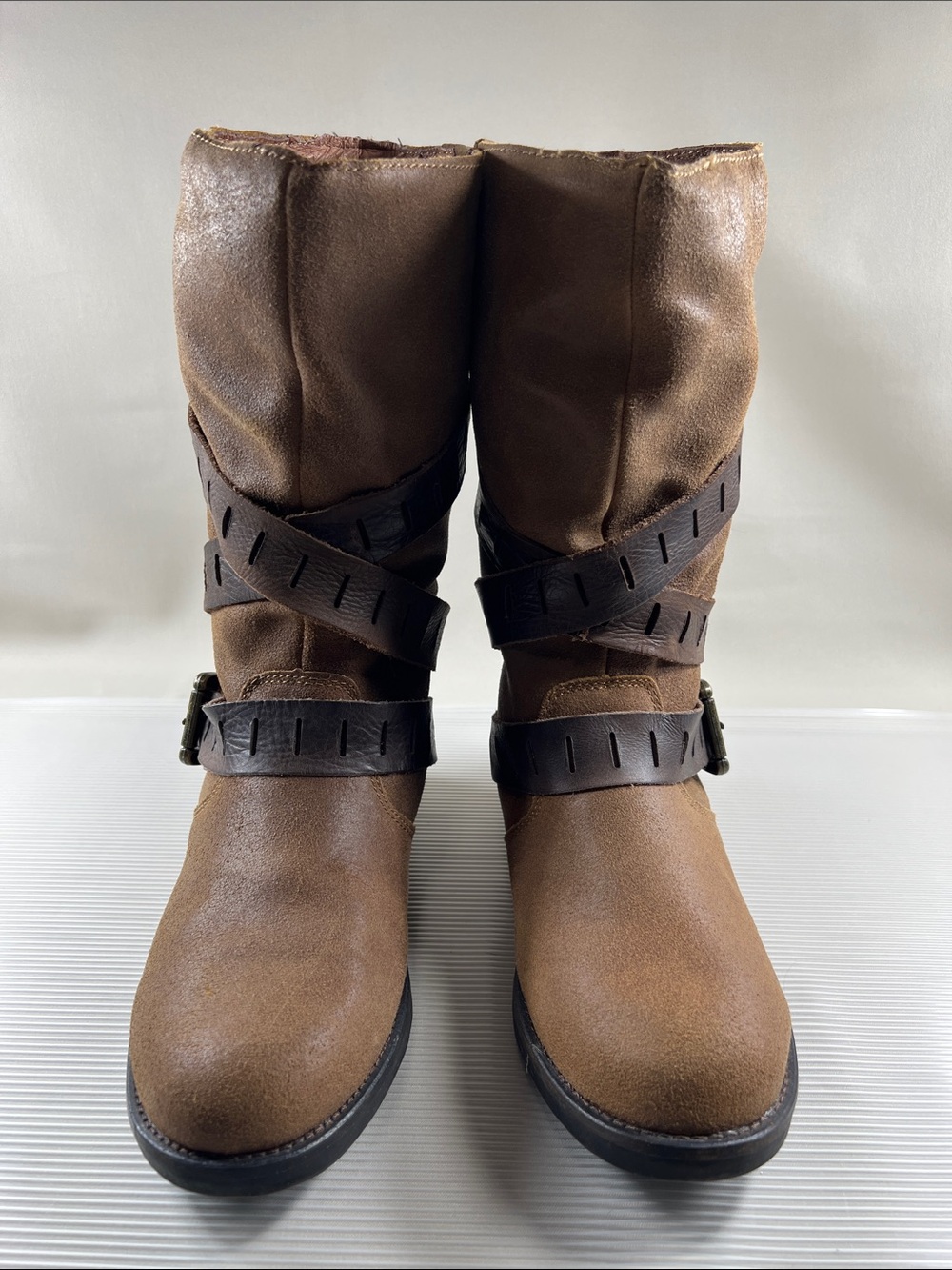 Cougar Womenโs Mid-Calf Buckle Leather Boots in Brown - Size 9M